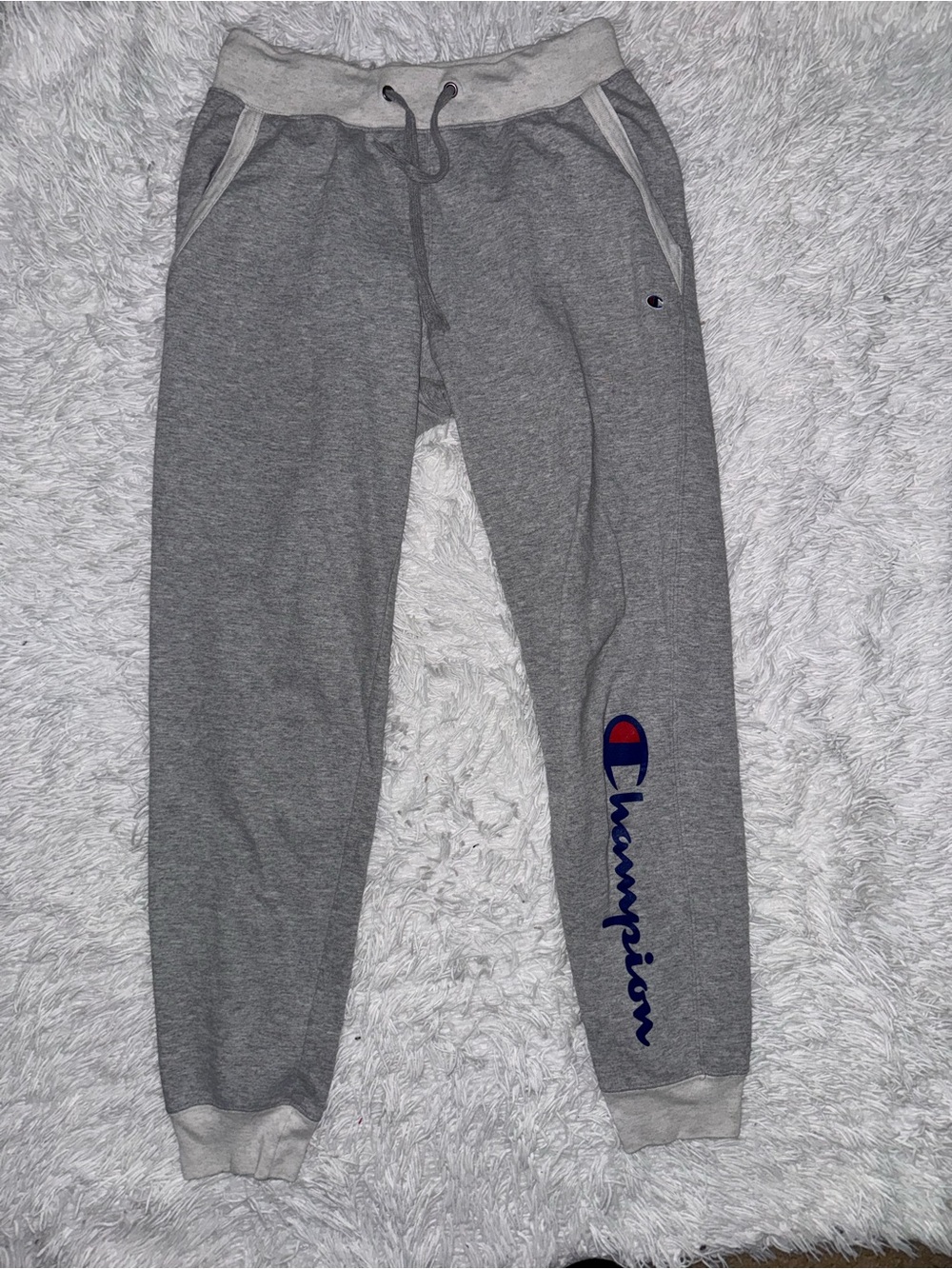 Champion Grey Joggers with Navy Script and Red Accent